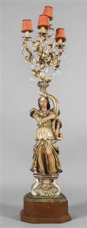 Scultura portaluce in legno intagliato, dorato e laccato, sec.XVIIIh.cm.170,...