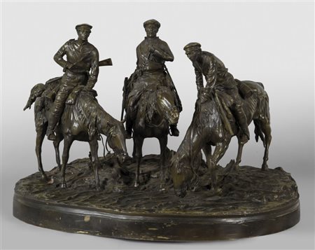 Cosacchi a cavallo, grande gruppo in bronzo a patina scura, Russia 1874cm....