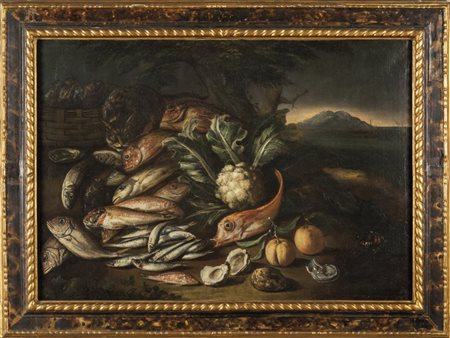 E.Recco (sec.XVII/XVIII) "Natura morta con pesce e gatto" oliocm. 92x130