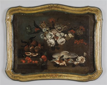 Scuola genovese sec.XVIII "Natura morta con fiori e frutta" olio, cornice...