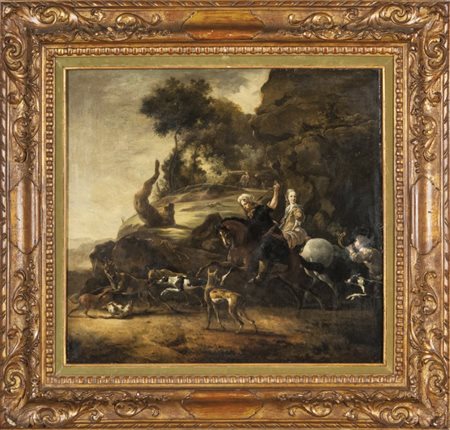 "Caccia la cervo" olio, sec.XVIIcm. 74x70monogrammato A.H. sul fusto...