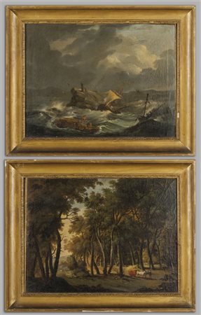 Scuola italiana sec.XIX "Paesaggio con carro" e "Mare in tempesta" coppia di...