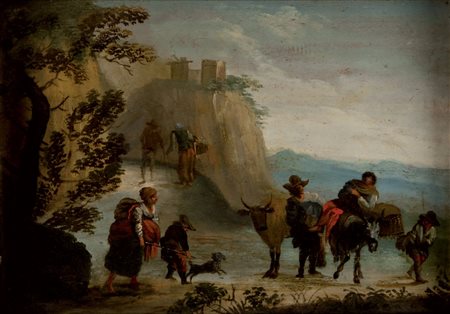 PITTORE FIAMMINGO INIZI XVIII SECOLO Viandanti in paesaggio Coppia di dipinti...
