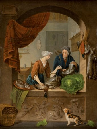 PITTORE FIAMMINGO FINE XVIII SECOLO Interno di cucina con uomo e donna,...