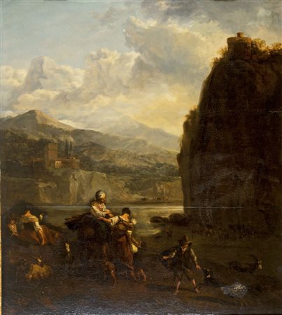 PITTORE ITALIANIZZANTE FINE XVII SECOLO Paesaggio romano con fiume e famiglia...