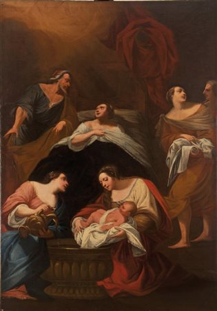 PITTORE FRANCESE INIZI XIX SECOLO La nascita Olio su tela cm 202 x 141