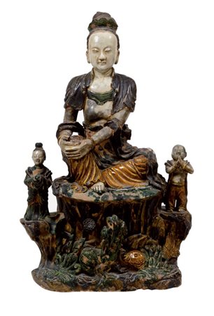 GRUPPO IN TERRACOTTA smaltata e invetriata raffigurante Bodhisattva...