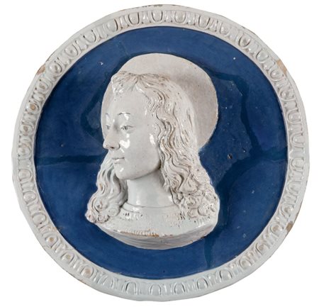 ROBBIANA circolare in terracotta a smato invetriata con Madonna in rilievo a...