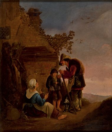 HENDRICK DE VALK 1693 - 1717 Viandante con cane vicino ad una casa Olio su...