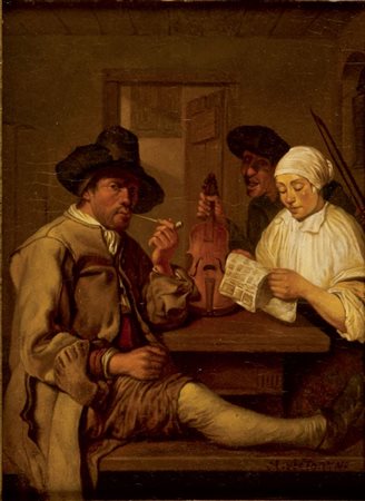 PETER JACOB HOREMANS Antwerp 1700 - Monaco 1776 Interno con violista uomo con...