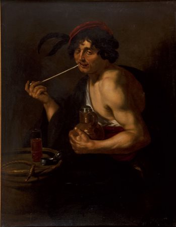 THEODOOR ROMBOUTS Anversa 1597 - 1637 Uomo con cappello, pipa e bicchiere di...