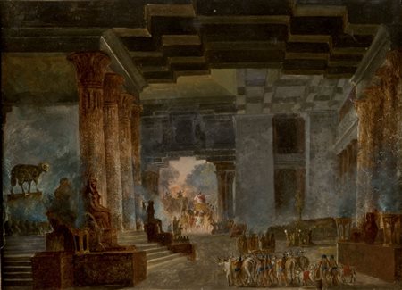 R. GREEN Inghilterra XIX Secolo Il tempio Olio su carta cm 29 x 40