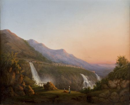 PITTORE NORD EUROPEO XIX SECOLO Cascate di Tivoli Olio su tela cm 60 x 74...