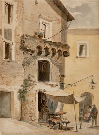 RUDOLPH MULLER Att.a Basilea 1802 - Roma 1885 Piazza Barberini Acquerello su...