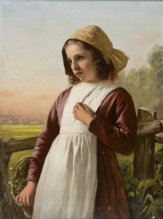 A. HAYES Ragazza di campagna con cesto di fiori da campo Olio su tela cm 90 x...