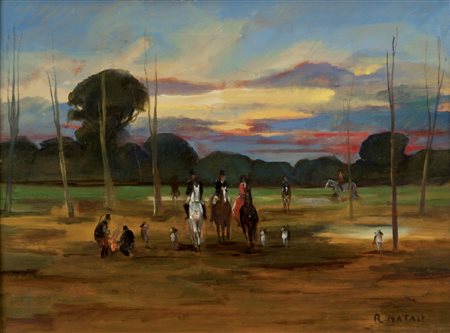 RENATO NATALI Livorno 1883 - 1979 La caccia Olio su tavoletta cm 31,5 x 43...