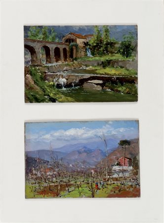 ANTONIO FERRIGNO Salerno 1863 - 1940 Pascone paesaggio con fiume Paesaggio...