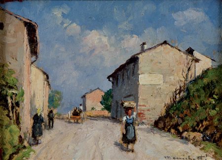 MARIO MENICHETTI Livorno 1889 - 1975 Scorcio di paese con figura Olio su...