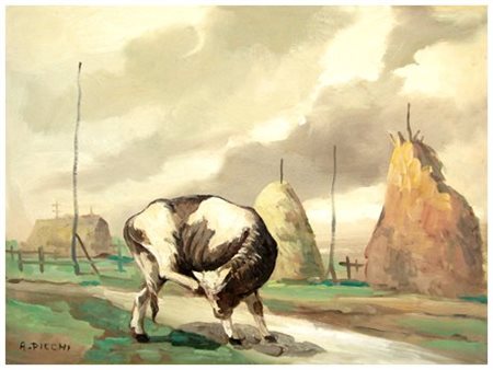 ANCHISE PICCHI 1911 - 2007 Torello sull aia Olio su tavola 30 x 40. Firma in...