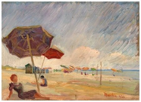 SANTI MACCHIA 1884 - 1964 Spiaggia a Ronchi 1936 Olio su cartone 24 x 34....