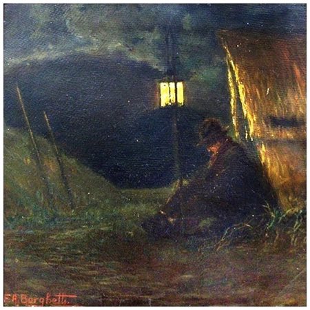 F.A. BORGHETTI Livorno La guardia notturna Olio su cartone 34 x 34. Firma in...