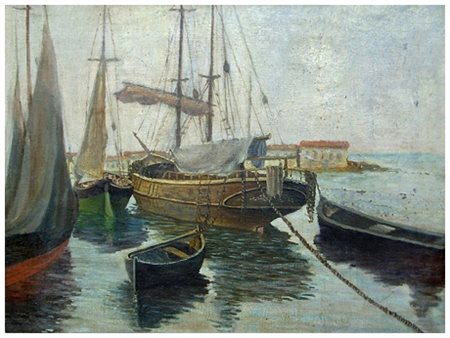 GUGLIELMO MICHELI Livorno 1866 – Livorno 1926 In porto Olio su tela 40 x 56....