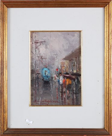 NAPOLEONE ARDUINO (1913 - 1985) Pioviggina all'arrivo del vecchio tramvetto....