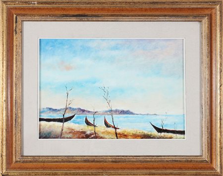 OMICCIOLI GIOVANNI (1901 - 1975) Barche a riva. 1969. Olio su cartone. Cm...