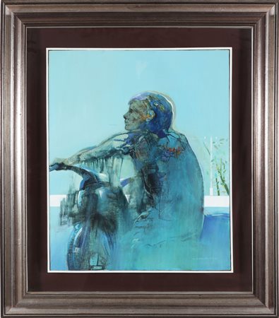MEMMO GAETANO (n. 1928) Ragazzo in moto. Olio su tela. Cm 45,00 x 55,00....