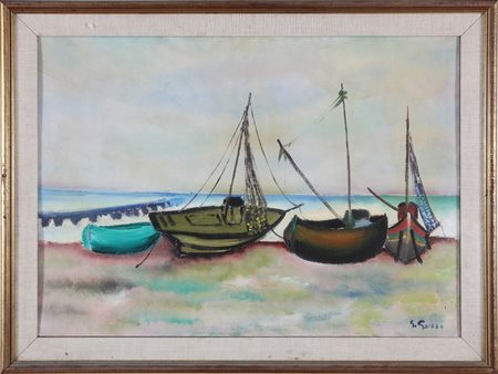 SUCCI GIUSEPPE (XX SEC.) Barche sulla spiaggia. Olio su cartone telato. Cm...