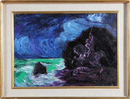 SASSU ALIGI (1912 - 2000) Cavaliere caduto nella tempesta. 1959. Olio su...