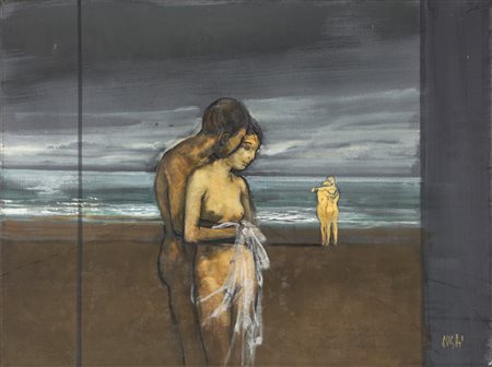 SUGHI ALBERTO (n. 1928) Bagnanti. Olio su tela. Cm 80,00 x 60,00. Firmato in...