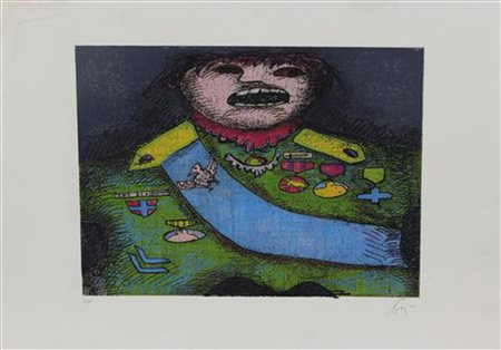 Enrico Baj, Senza titolo, incisione e serigrafia materica su carta, cm. 53x74...