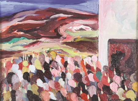 Saverio Terruso, Processione Verso il Paese, olio su tavola, cm. 30x40,...