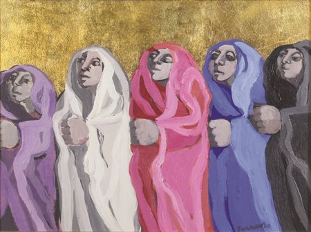 Saverio Terruso, Oranti, 1982, olio su tavola, cm. 30x40, firmato in basso a...