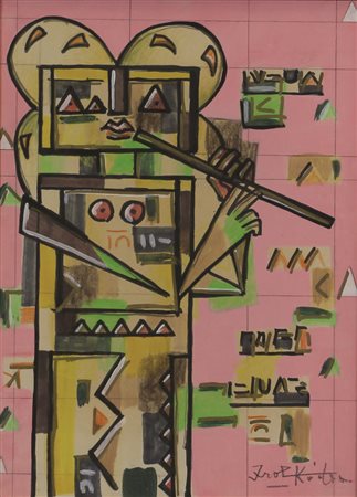 Ibrahim Kodra, Suonatore di Piffero, tecnica mista su carta intelata, cm....