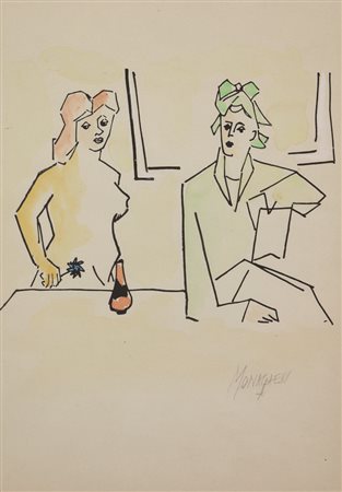 Sante Monachesi, Personaggi, tempera su nero litografico su carta, cm. 35x25,...