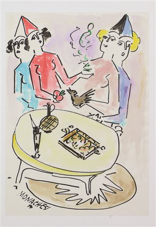 Sante Monachesi, Clounesse al tavolo, tecnica mista su carta, cm. 30x21,...