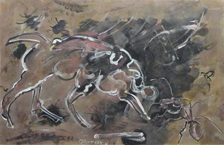 Corrado Carmassi, Il formichiere, 1961, olio su cartone, 50x70, firmato e...