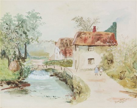 Irene Baker, Villaggio, acquerello su carta, cm. 24x30, firmato in basso a...