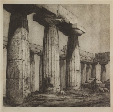 Bruno Croatto, Paestum, incisione su carta, cm. 55x55 (lastra cm. 46x48,5),...