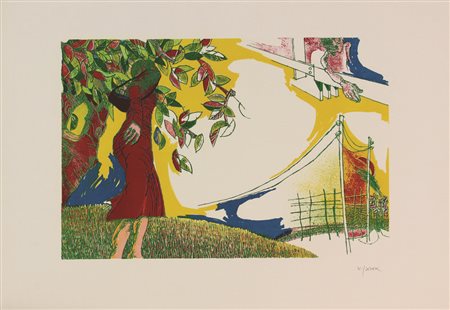 Antonietta Viganone, Figura femminile in un paesaggio, 1980, litografia su...