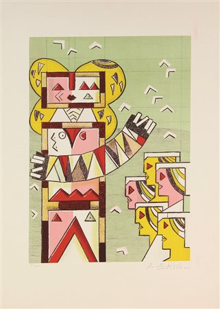 Ibrahim Kodra, Musicanti, (1980), litografia su carta, cm. 70x50, es. prova...