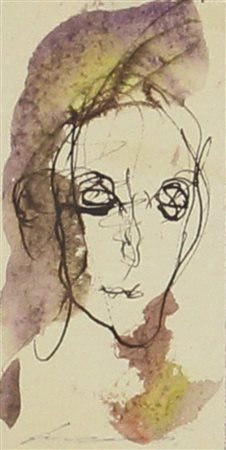 Ernesto Treccani, Volto, tecnica mista su carta, cm. 10x5, firmata in basso