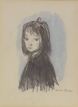 Xavier Bueno, Bambina, tecnica mista su carta, cm. 16x12, firmato in basso a...