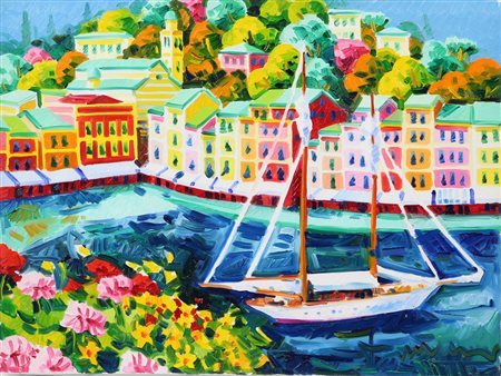 Athos Faccincani, Veliero a Portofino con Luce, olio su tela, cm. 30x40,...