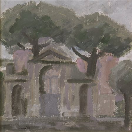 Franco Marzilli, Villa Paganini, 1963, olio su tavola, cm. 30x30, firmato in...