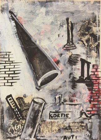 Filippo Auti, Sortie, tecnica mista e collage su cartone, cm. 70x50, firmato...