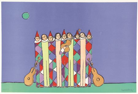 Walter Pozzi, Arlecchini, (1980 circa), litografia su carta, cm. 40x60, es....