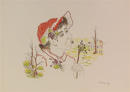 Ivan Vacenaj, Contadina con soffione, (1980 circa), litografia su carta, cm....